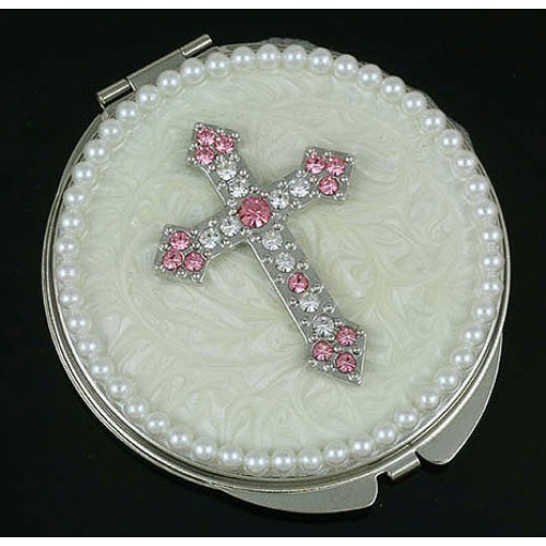 Pocket Mirror - Rhinestone Cross - Ivory - MR-GM1255V